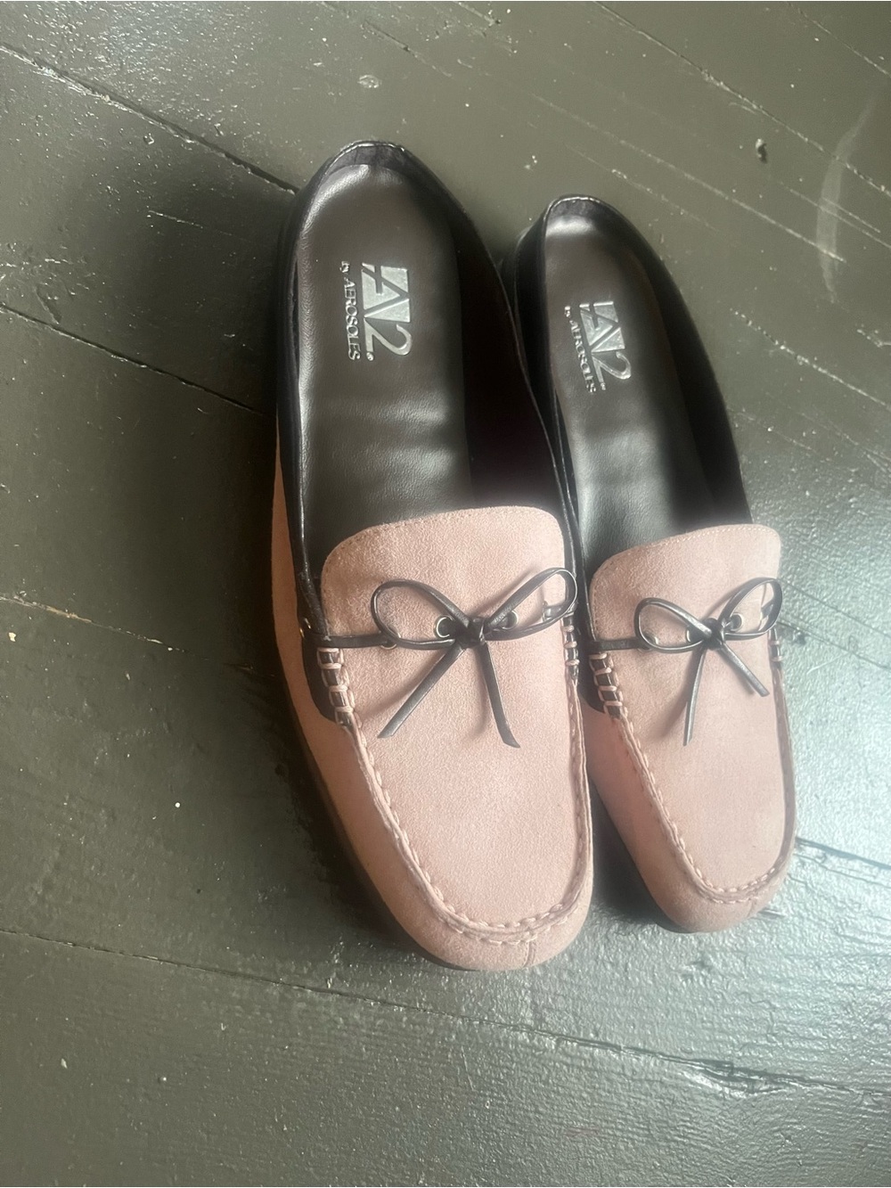 Pink Suede Loafers with Brown Trim and Bow - Picture 7 of 7